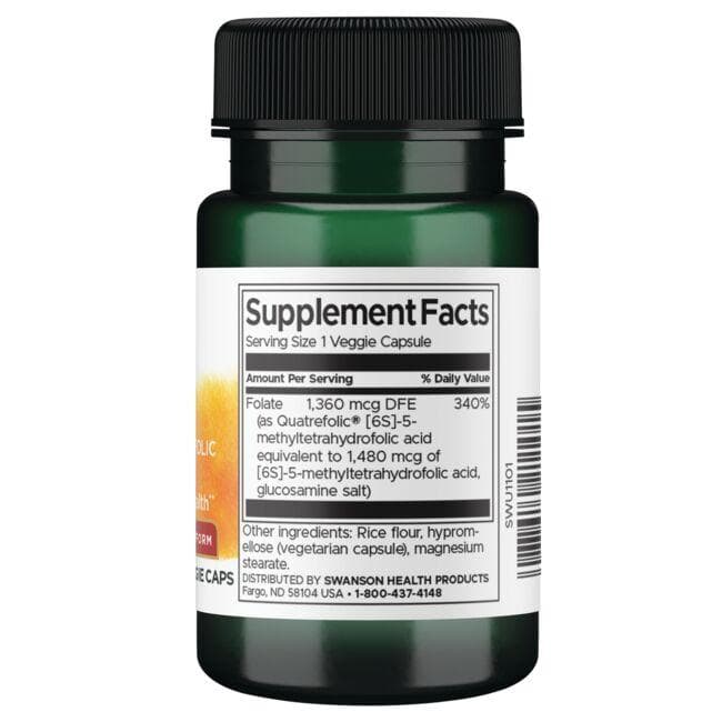 (SWU1101)スワンソン 葉酸 5-メチルテトラヒドロ葉酸 - 高濃度、生理活性型 1,360 mcg DFE 30 ビーガンカプセル